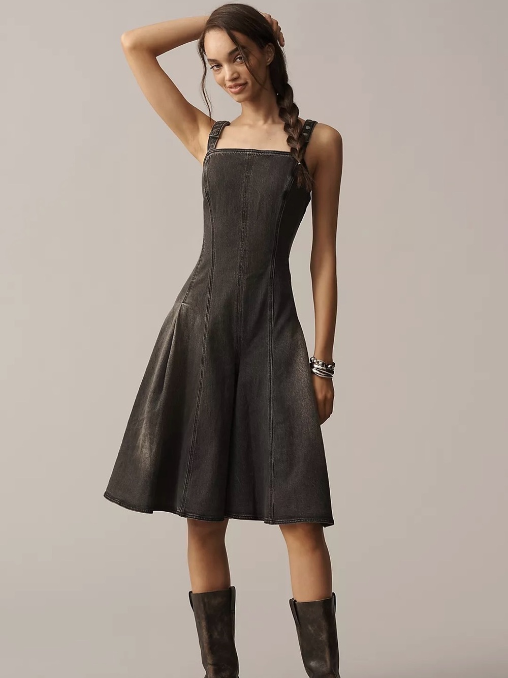 Anthropologie Pilcro Denim Midi Jumpsuit Flare Wide Leg Dark Gray Sz M NWT New